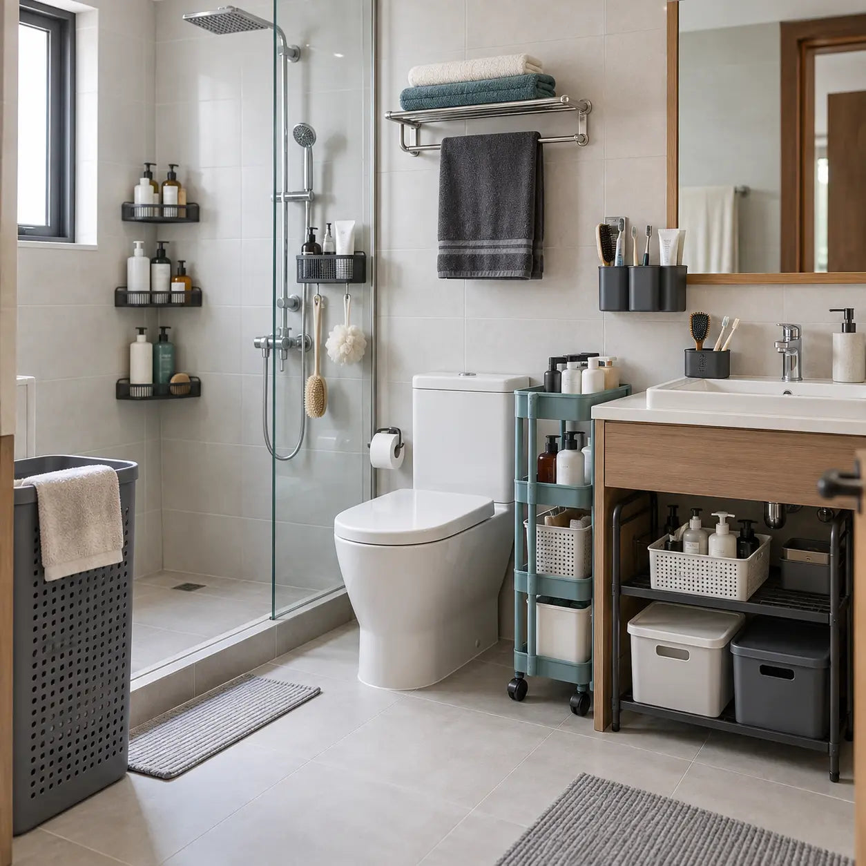 Clean organised bathroom with practical shelves, caddies and storage