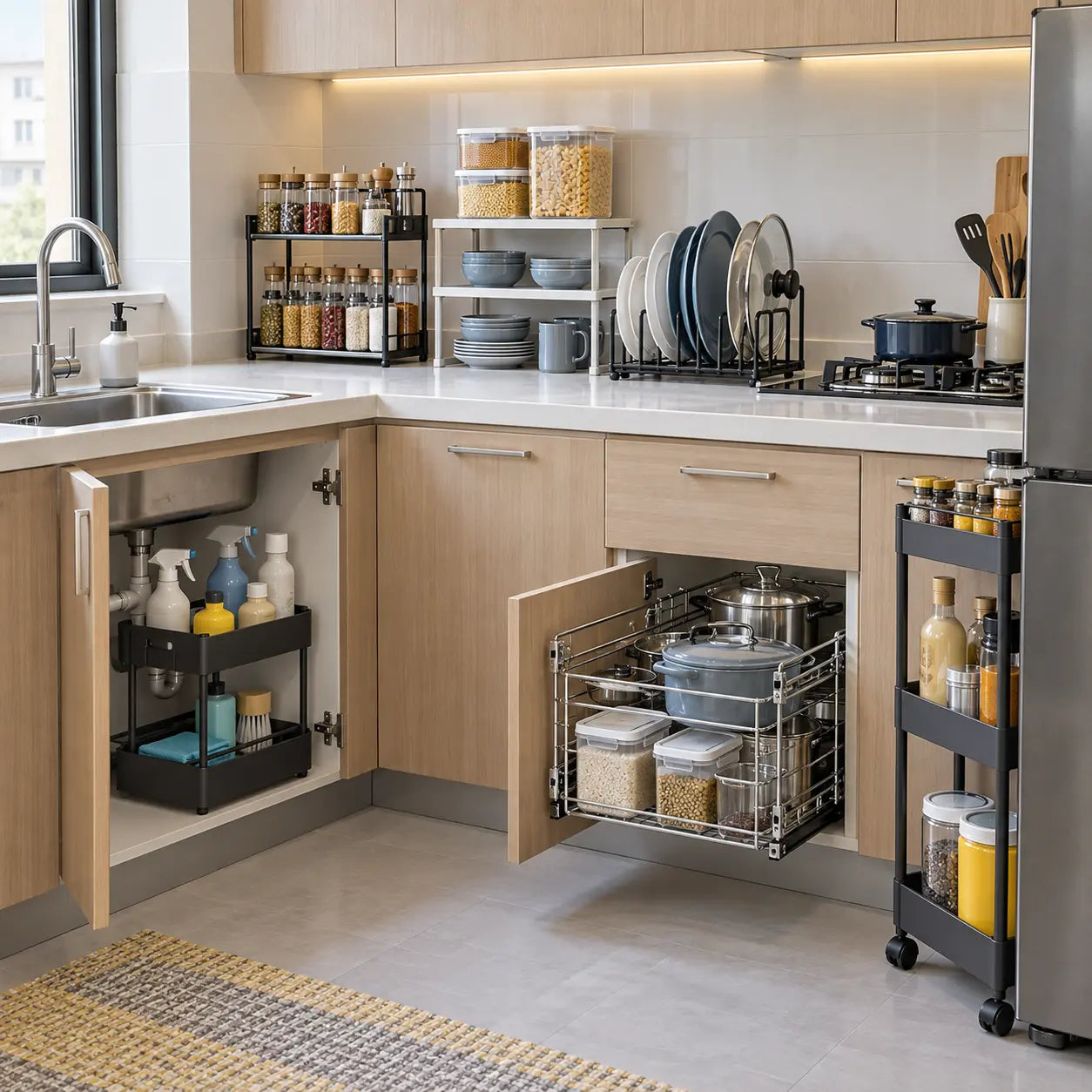 Organised cabinet and utility storage with practical household organisers