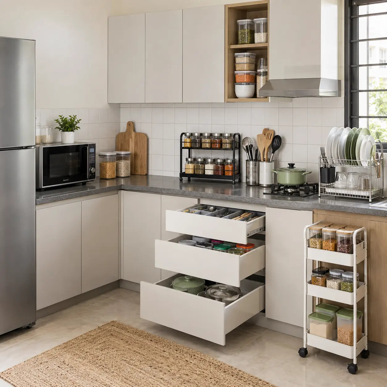 Bright organised kitchen with practical storage and countertop organisers